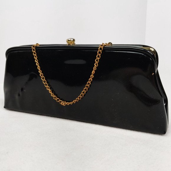 Vintage 1960s MCM Patent Leather Clutch Purse Handbag Gold Clasp Chain & Lining - Picture 4 of 6